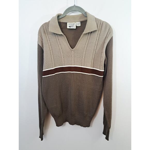 Justin Blake Vintage Men's Tan Stripe Collared Sweater V-neck Size Medium - Picture 1 of 4